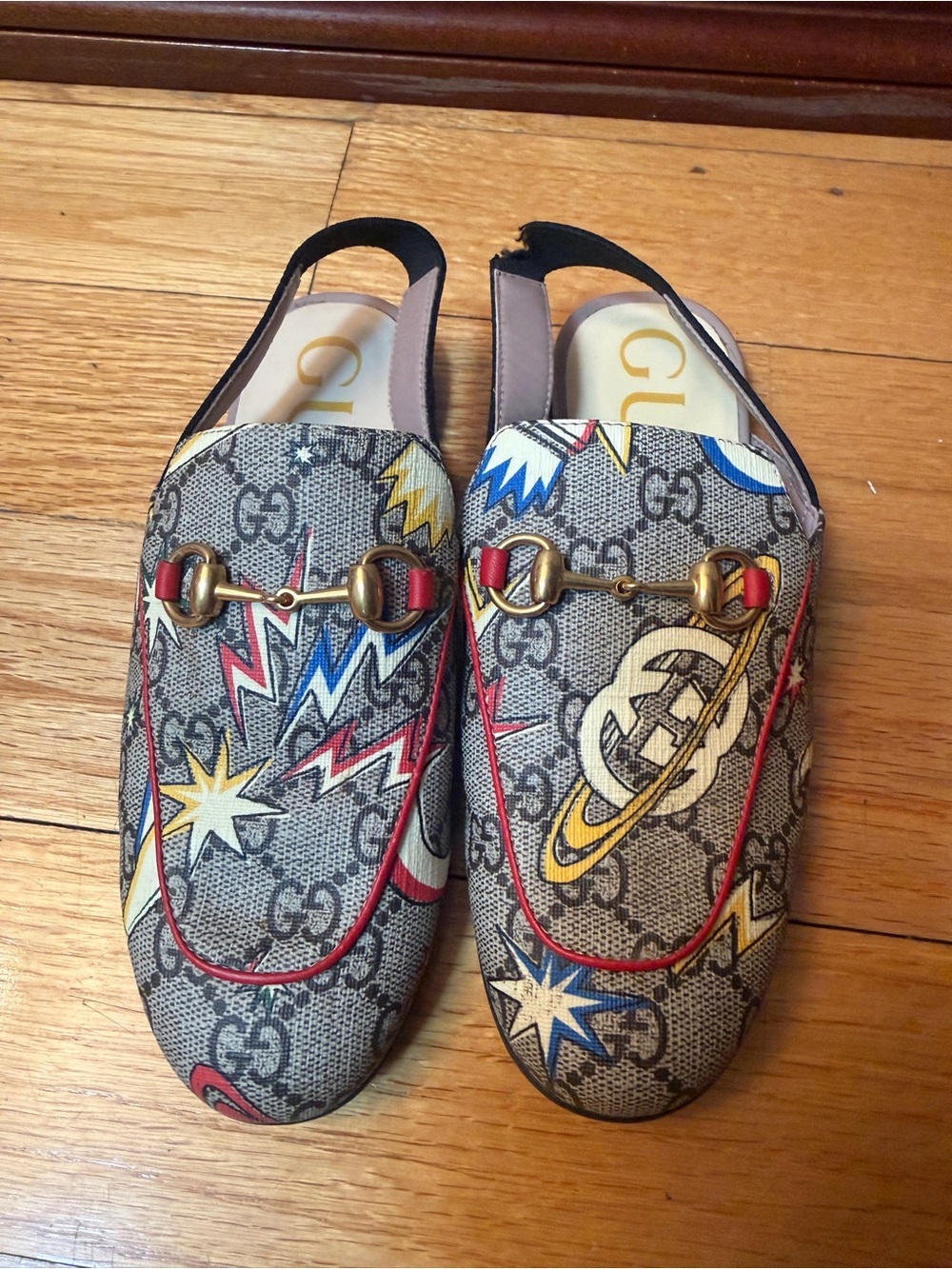 Gucci Brown GG Lightening Cosmic Print Slingback Loafers